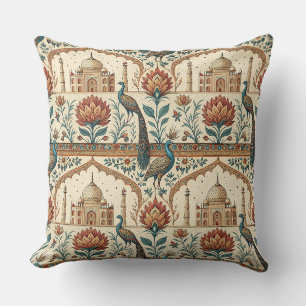 Royal Indian Palace Peacock Floral Pattern Artwork Throw Pillow