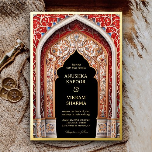 Royal Indian Palace Red Arch Black Wedding Gold Foil Invitation