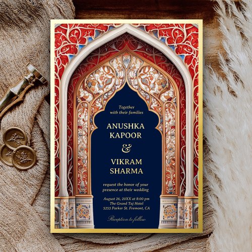Royal Indian Palace Red Arch Blue Wedding Gold Foil Invitation