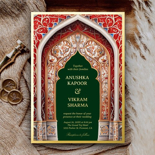 Royal Indian Palace Red Arch Green Wedding Gold Foil Invitation