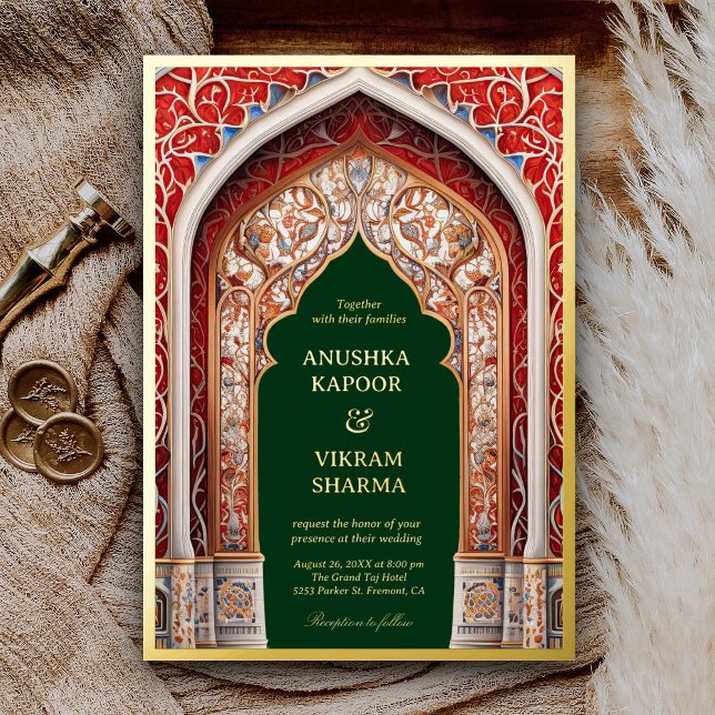 Royal Indian Palace Red Arch Green Wedding Gold Foil Invitation (Creator Uploaded)