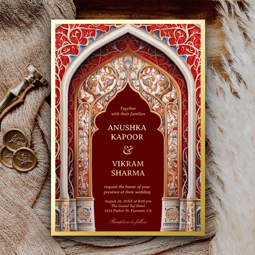 Royal Indian Palace Red Arch Maroon Wedding Gold Foil Invitation
