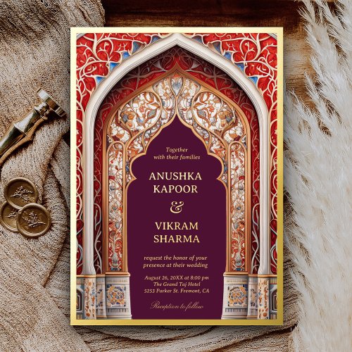 Royal Indian Palace Red Arch Plum Wedding Gold Foil Invitation