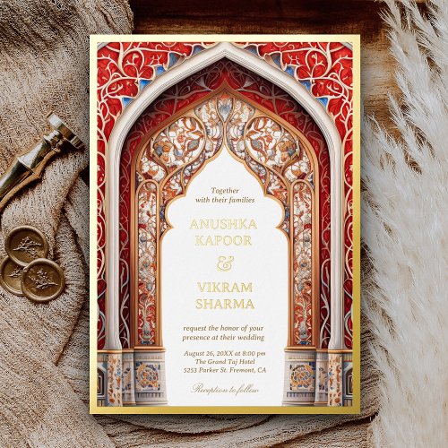 Royal Indian Palace Red Arch Wedding Gold Foil Invitation