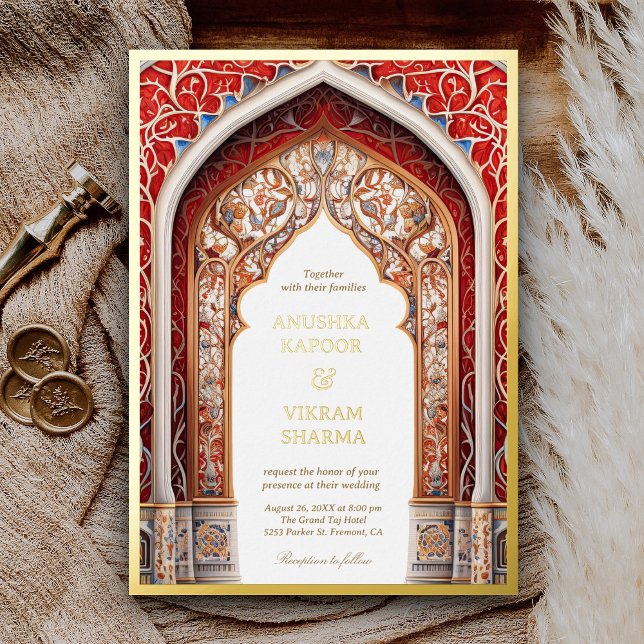 Royal Indian Palace Red Arch Wedding Gold Foil Invitation (Creator Uploaded)