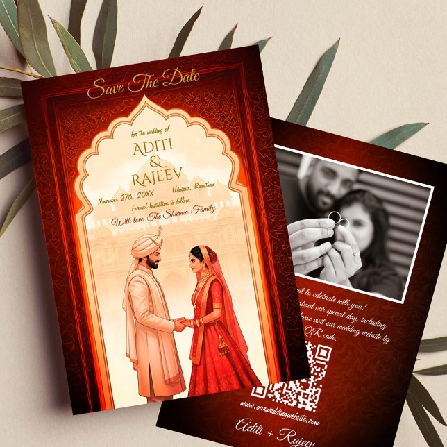 Royal Indian Palace Wedding Save The Date QR Code Invitation (Royal Indian Wedding Save The Date with Couple Image and QR Code in the backside.)