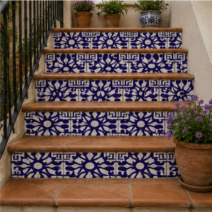 Royal Indigo Elegant Geometric Floral Mosaic Ceramic Tile
