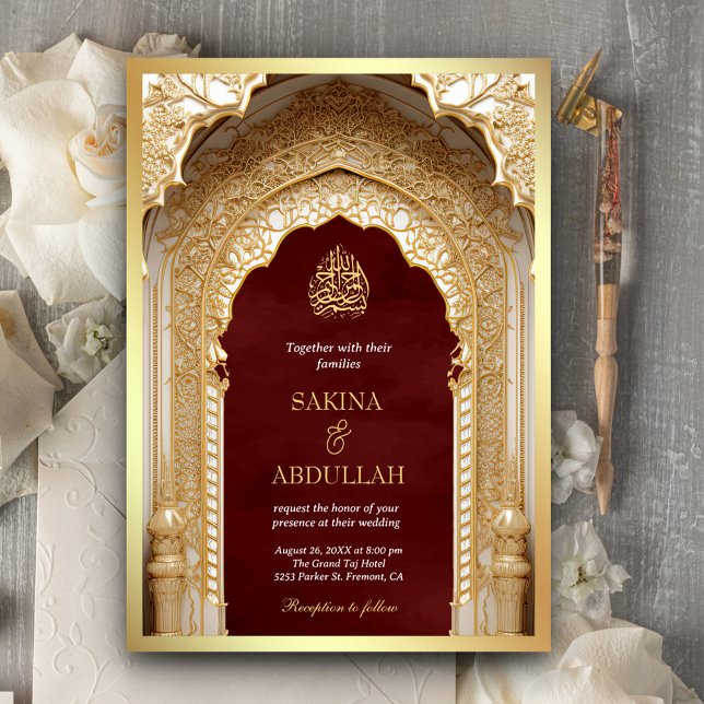 Royal Islamic Arch Maroon Gold Muslim Wedding Invitation (Creator Uploaded)