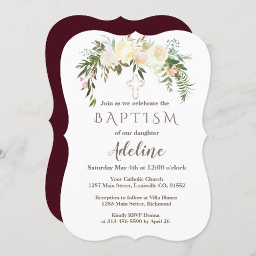 Royal Ivory Floral Burgundy Baptism Invite