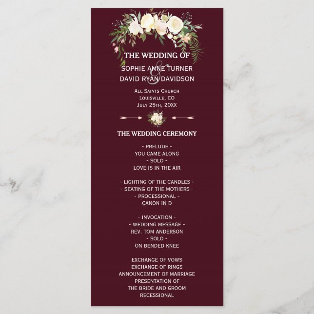 Royal Ivory Floral Burgundy Wedding Program (Front)