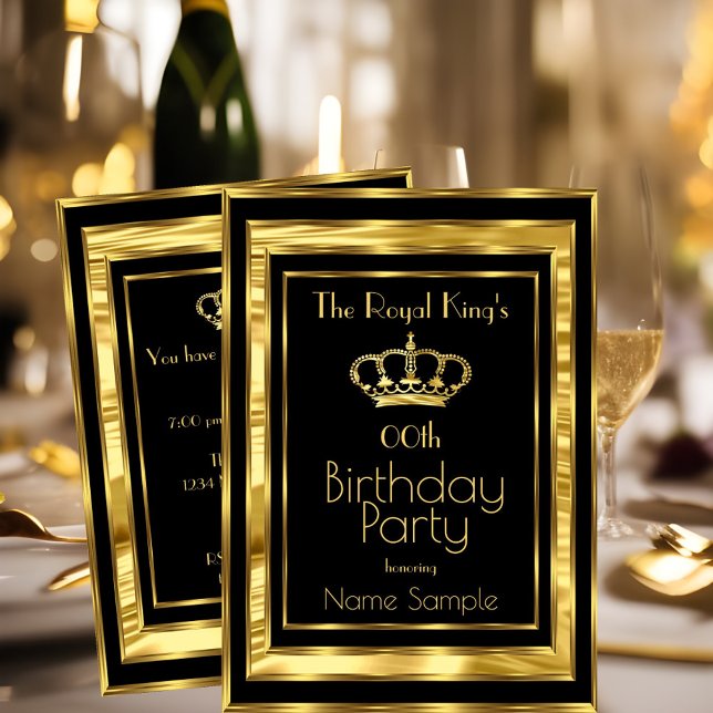 Royal King Mans Birthday Party Black Gold Crown Invitation (Creator Uploaded)