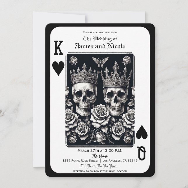 Royal King & Queen of Hearts Skulls & Roses Invitation (Front)