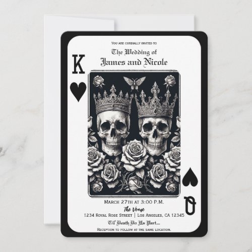 Royal King  Queen of Hearts Skulls  Roses Invitation