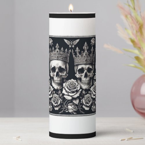 Royal King  Queen of Hearts Skulls  Roses Pillar Candle