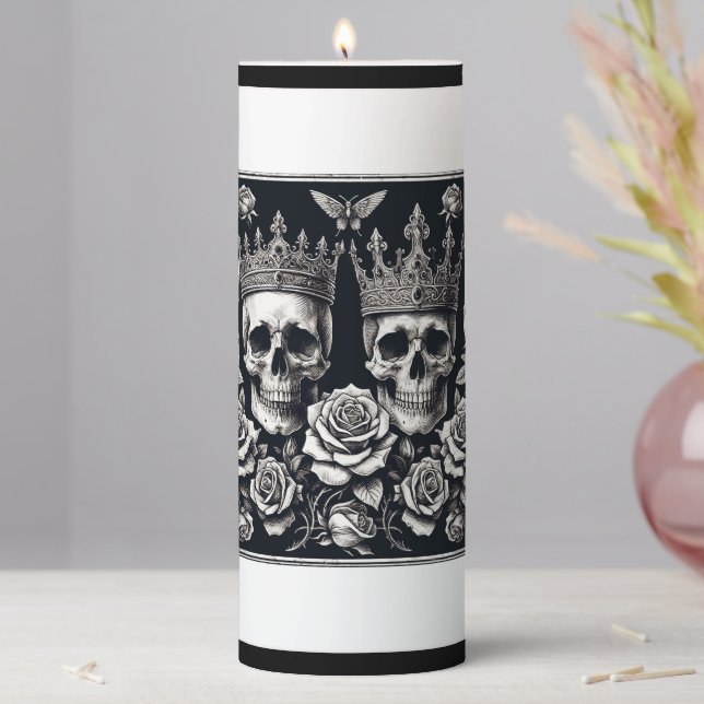 Royal King & Queen of Hearts Skulls & Roses Pillar Candle (In Situ)