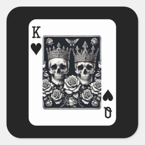 Royal King  Queen of Hearts Skulls  Roses Square Sticker