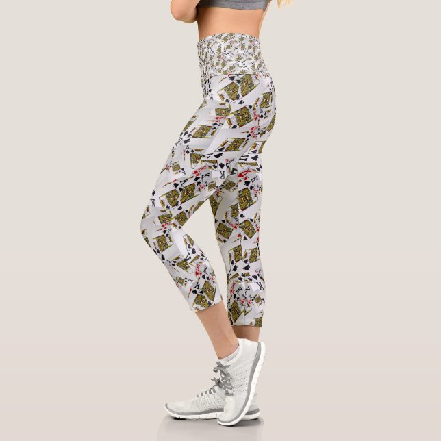 "Royal Layer: A Stack of Kings Poker Cards" Capri Leggings (Left)