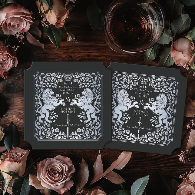 Royal Lion Medieval Sword Wedding Black Ticket Paper Coaster (Creator Uploaded)
