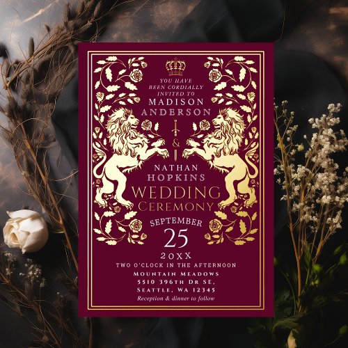 Royal Lion Medieval Wedding  Foil Invitation