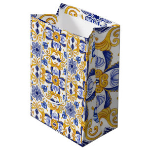 Royal Lisbon Scrollwork  Elegant Portuguese Blue  Medium Gift Bag