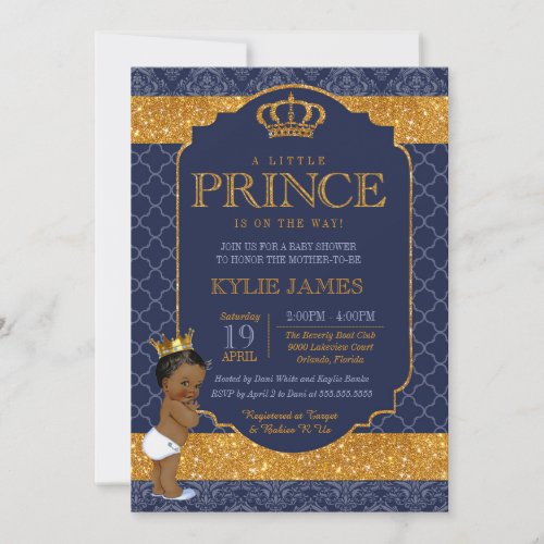 Royal Little Prince Navy Blue Gold Baby Shower Invitation