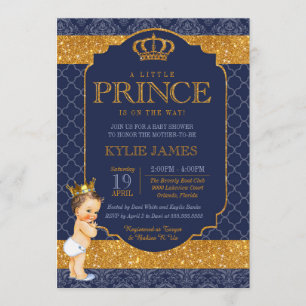 Royal Little Prince Navy Blue Gold Baby Shower Invitation