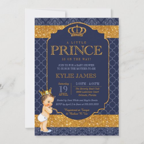Royal Little Prince Navy Blue Gold Baby Shower Invitation