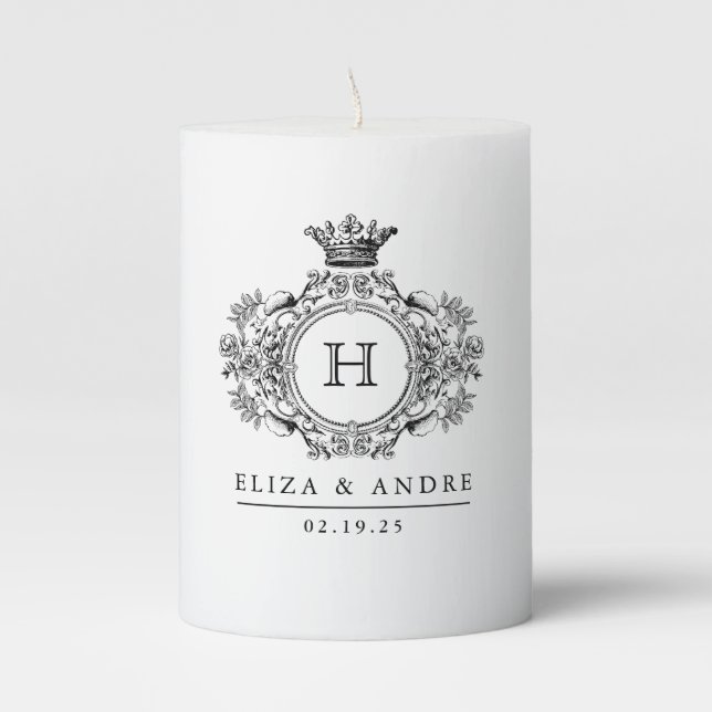 Royal Luxe Black and White Crest Monogram  Pillar Candle (Front)