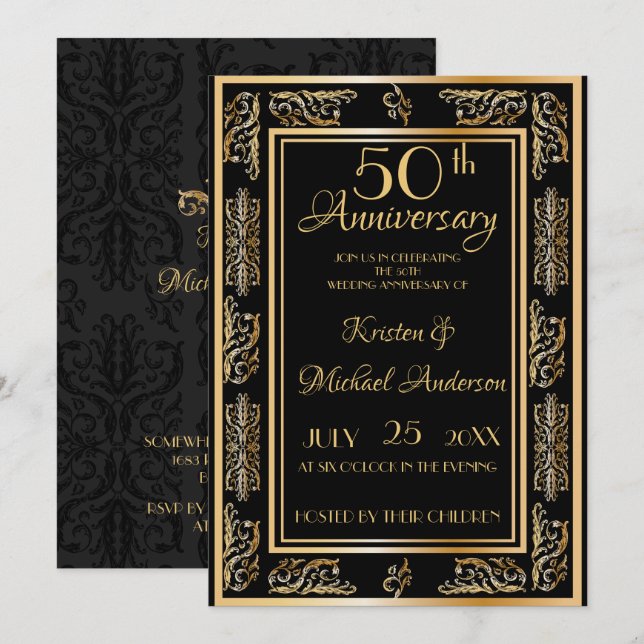 Royal Luxe Classic black gold 50th Anniversary Invitation (Front/Back)
