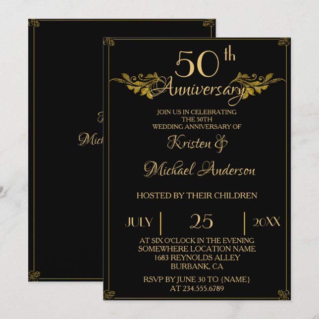 Royal Luxury Classic black gold 50th Anniversary Invitation (Front/Back)