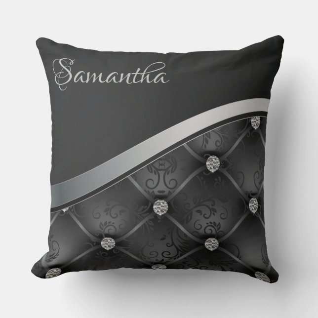 Royal Luxury Elegant Black Silver Floral Throw Pillow (Front)