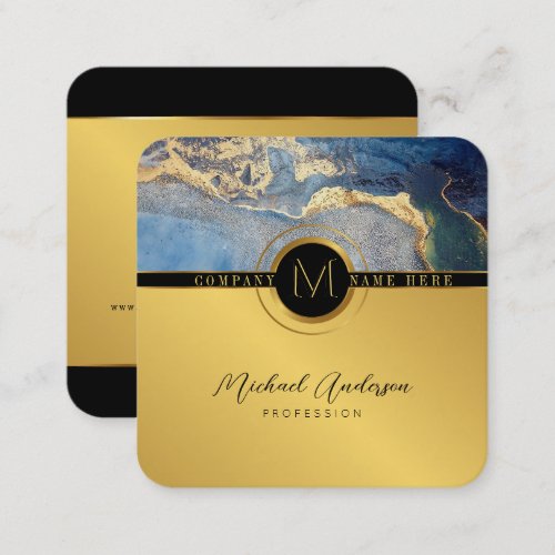 Royal Luxury Gold Round Abstract  Agate Monogram  Square Business Card