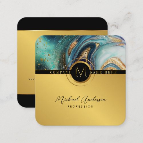 Royal Luxury Gold Round Abstract  Agate Monogram  Square Business Card