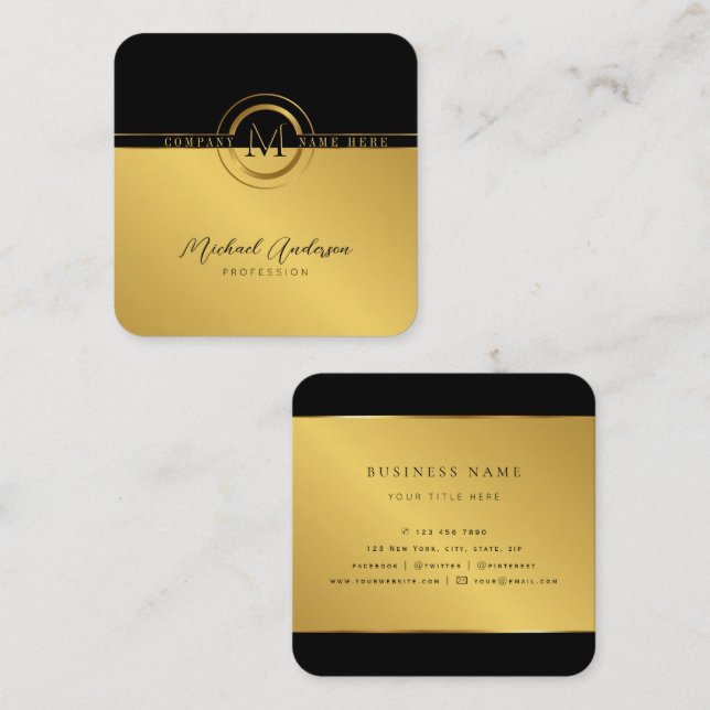 Royal Luxury Golden Round Frame Abstract Monogram Square Business Card (Front/Back)