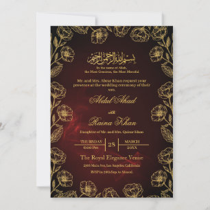  Royal Maroon Gold Floral Islamic Muslim Wedding Invitation