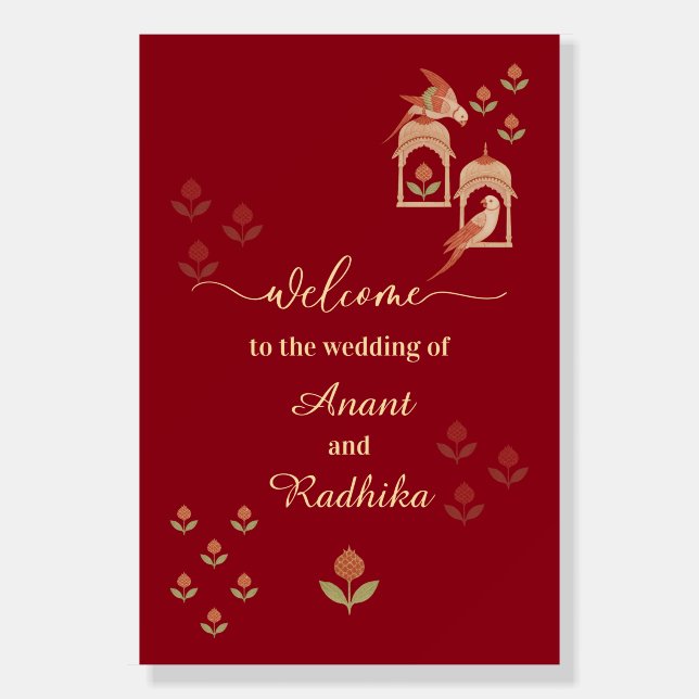 Royal Maroon & Gold Indian Wedding Welcome Sign (Front)