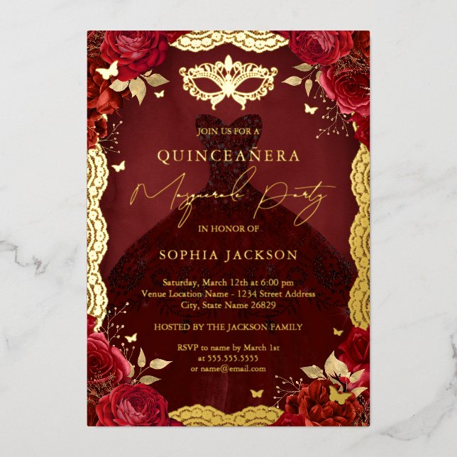 Royal Masquerade Party Red Gold Gown Quinceanera Foil Invitation (Front)