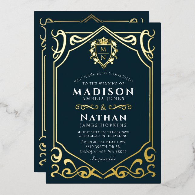 Royal Medieval Fantasy Monogram Wedding  Foil Invitation (Front/Back)