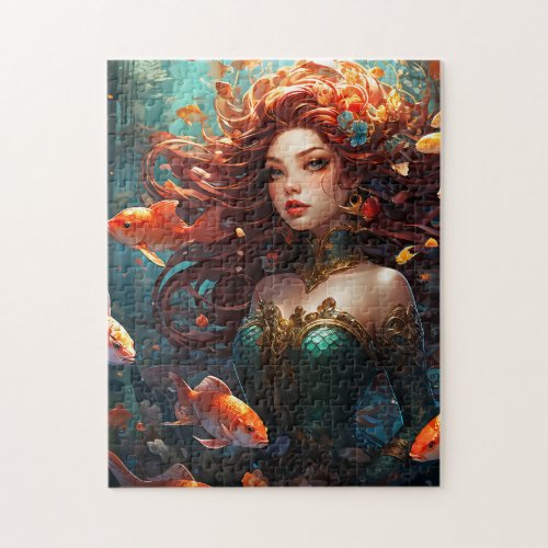Royal mermaid red head under sea with fish jigsaw puzzle