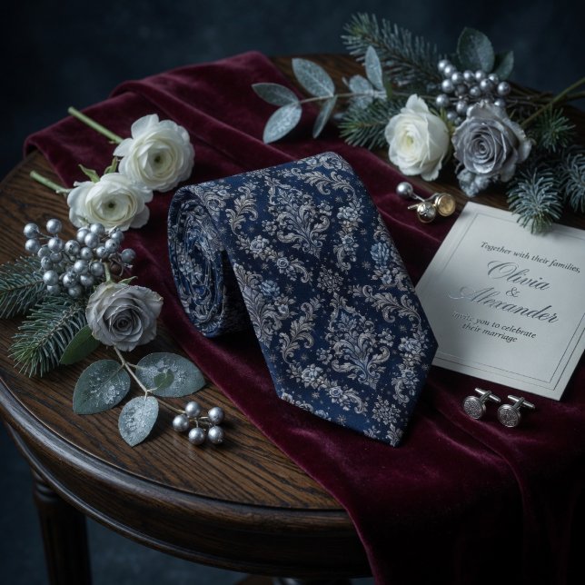Royal Midnight Damask Snow Elegance Neck Tie (Creator Uploaded)