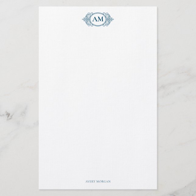 Royal Monogram Crest Navy Blue Personalized Stationery (Front)