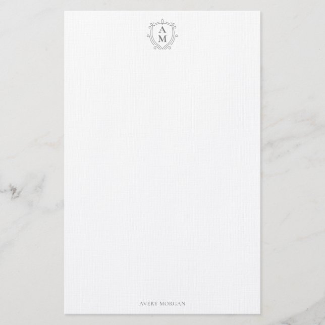 Royal Monogram Crest Smokey Grey Personalized Stationery (Front)