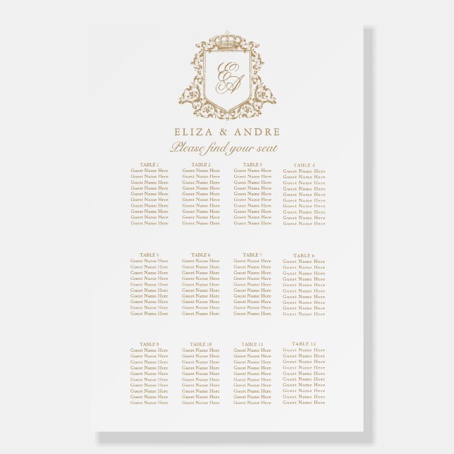  Royal Monogram Crest Wedding Seating Chart Foam Board (Front)