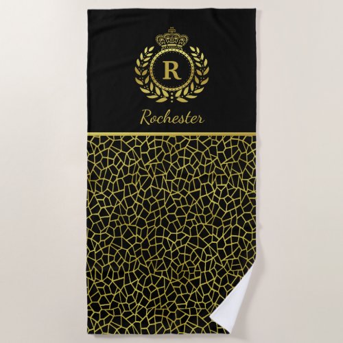 Royal Monogram Gold Black Laurel Wreath Crown Deco Beach Towel