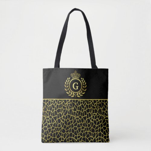 Royal Monogram Gold Black Laurel Wreath Crown Deco Tote Bag