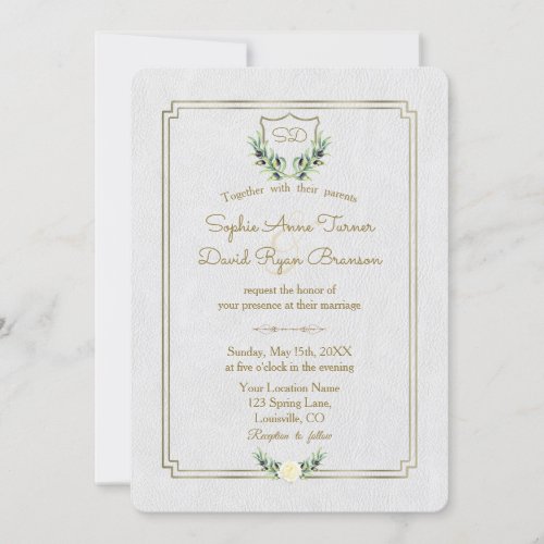 Royal Monogram Gold Crest Greenery Wedding Invitation