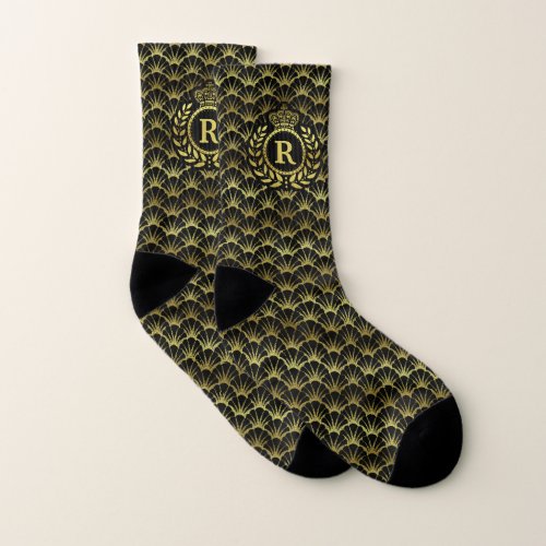 Royal Monogram Gold Laurel Crown Deco Shell Large Socks