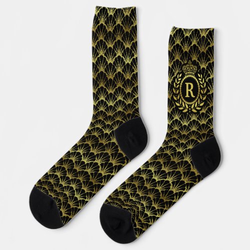Royal Monogram Gold Laurel Crown Deco Shell Socks