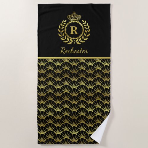 Royal Monogram Gold Laurel Wreath Crown Deco Shell Beach Towel