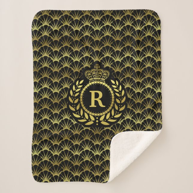 Royal Monogram Gold Laurel Wreath Crown Deco Shell Sherpa Blanket (Front)